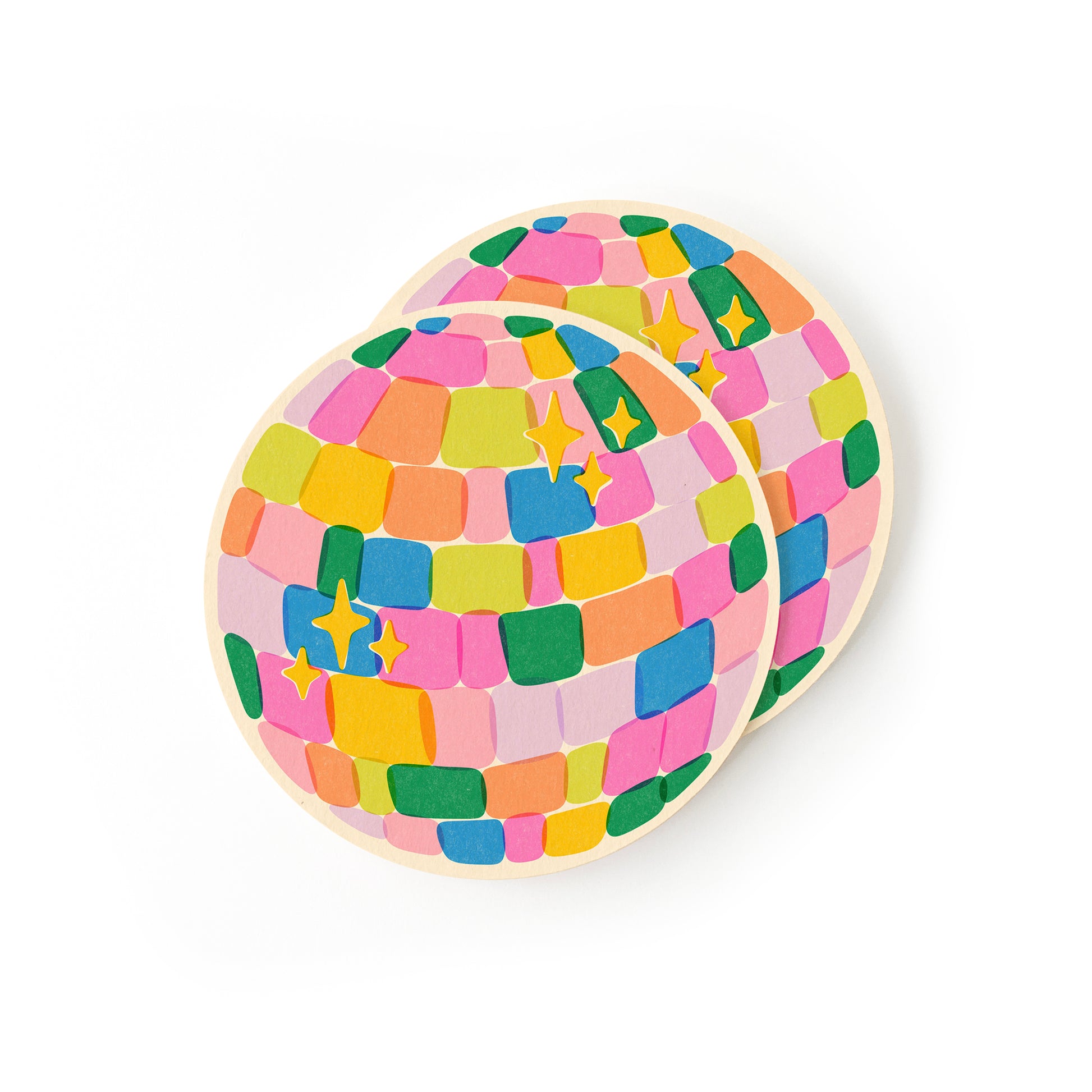 Retro disco ball coasters with colorful surface design