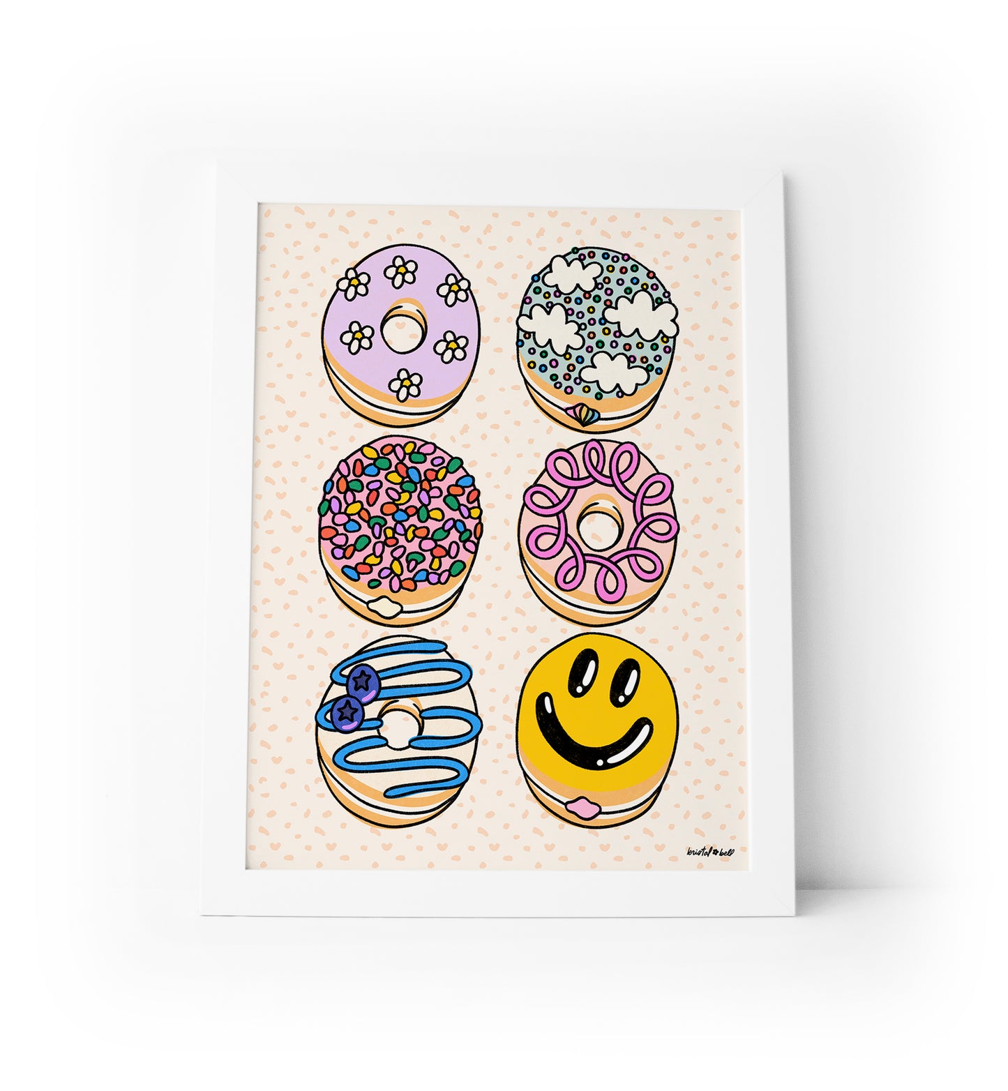 Fun food art print with vibrant donut designs and patterns
