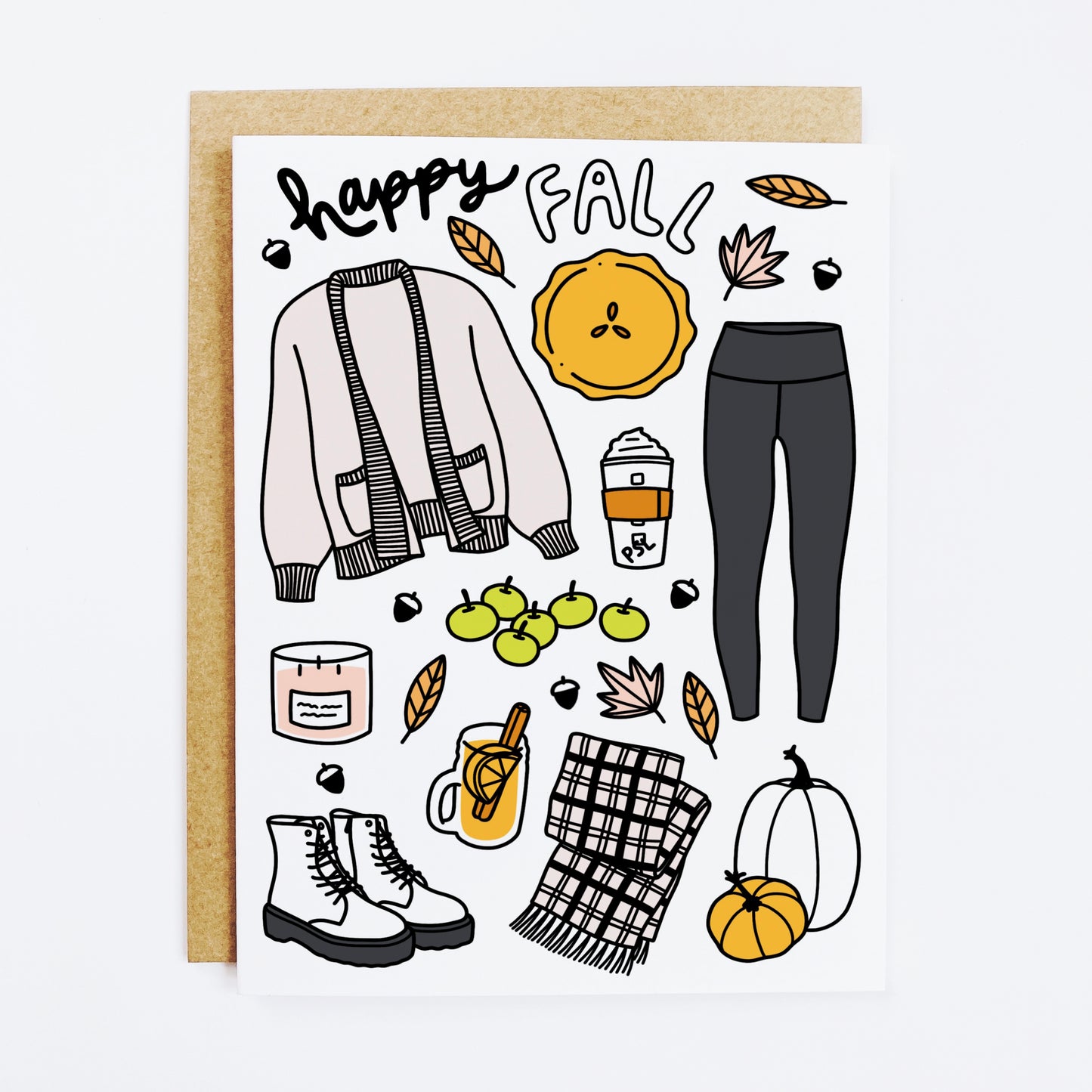 Autumn card with 'Happy Fall Basics' text and seasonal design