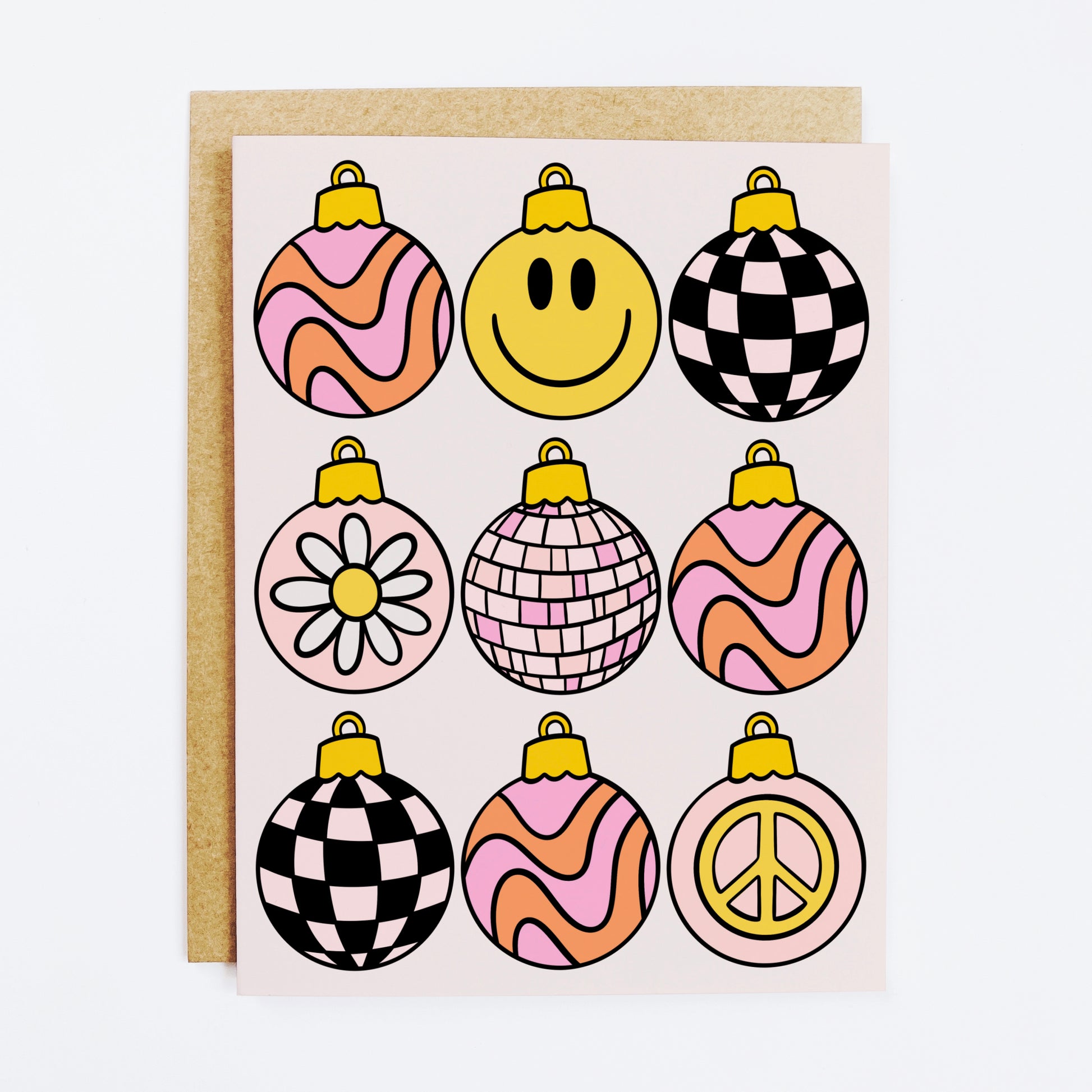 Retro Christmas card with groovy ornament designs and festive styling