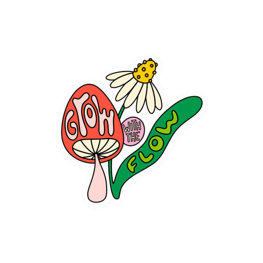 Motivational plant-themed sticker with 'Grow With the Flow' text