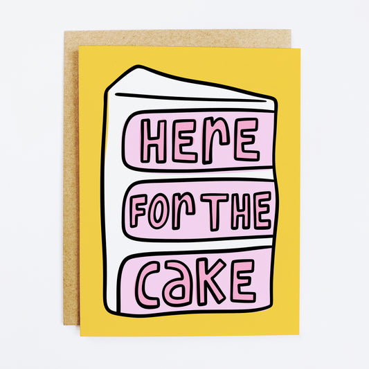 Honest birthday card with 'Here For The Cake' food-focused message