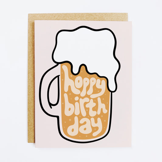 Birthday card with beer pun 'Hoppy Birthday' and cute rabbit design