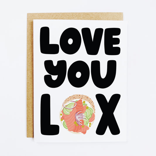 Food pun greeting card with bagel and lox illustration and 'Love You Lox' text