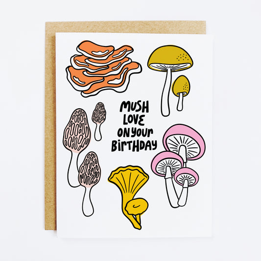 Birthday card with mushroom pun 'So Mush Love' and cute fungi illustration