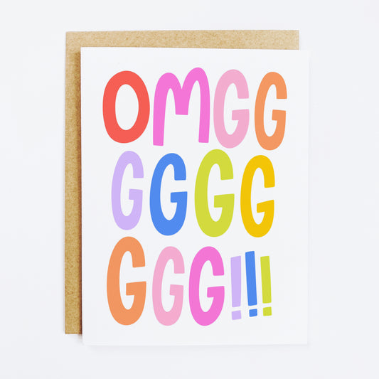 Excited reaction card with extended 'Omgggg' text in playful font