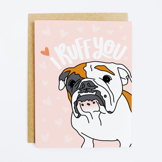 Dog pun card with 'I Ruff You' text and cute canine theme