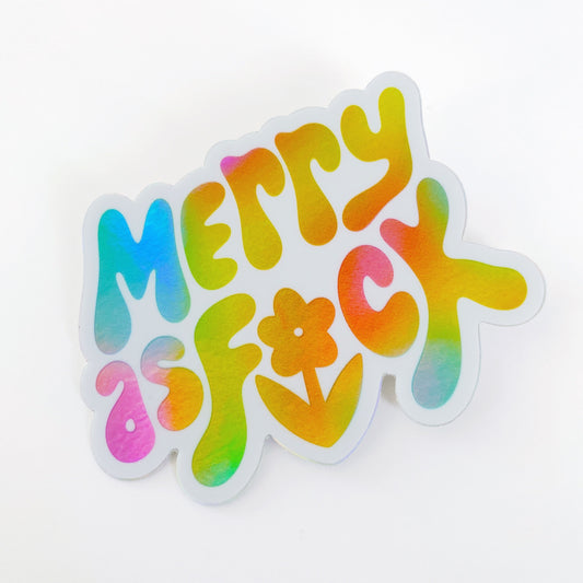 Holiday sticker with 'Merry As Fuck' festive expletive text