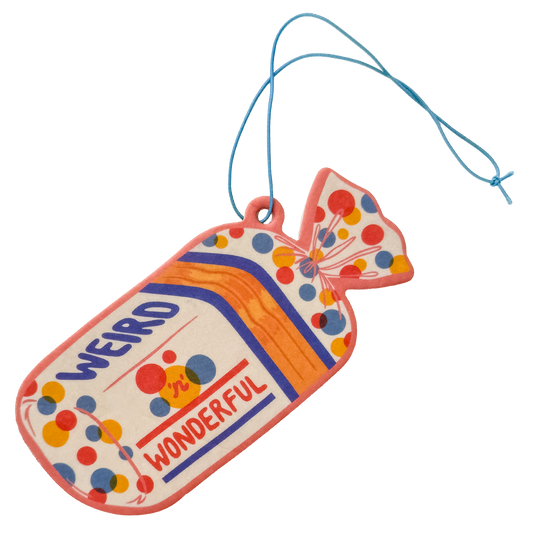 Self-acceptance air freshener with 'Weird 'n' Wonderful' positive message