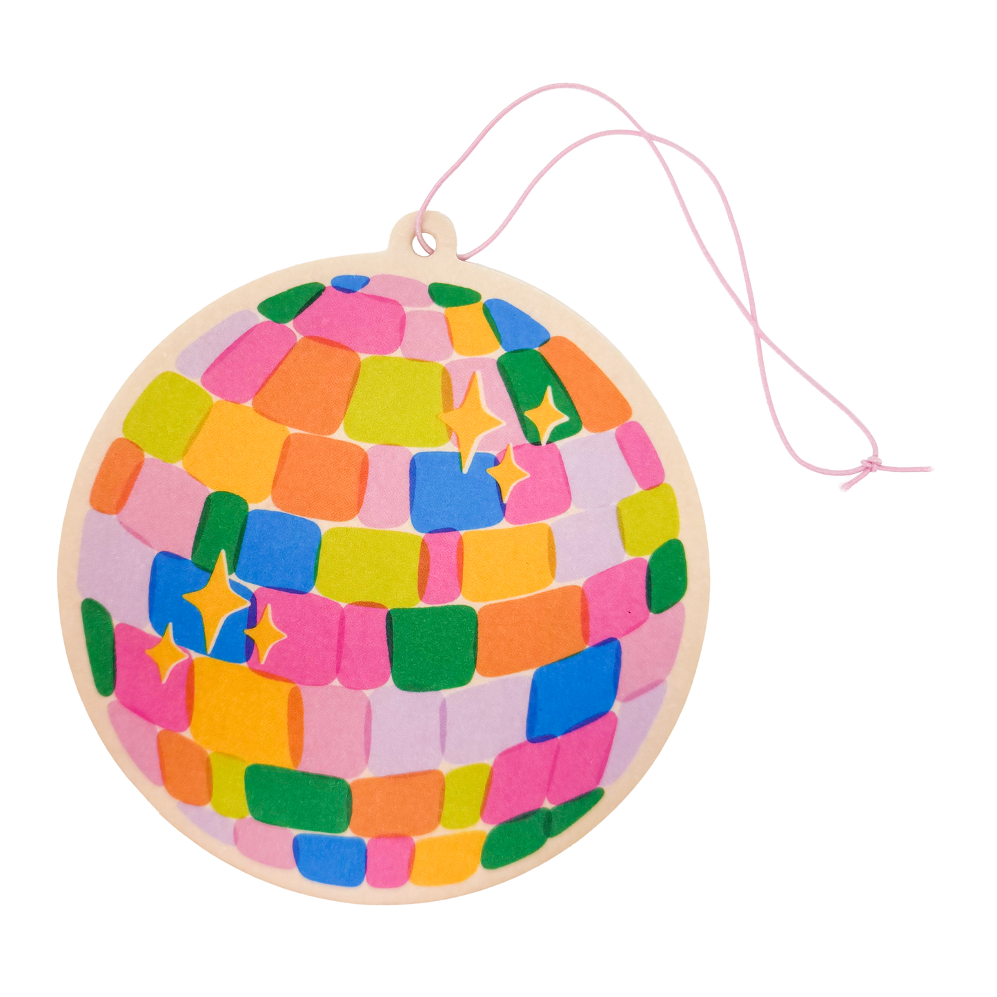 Retro disco ball air freshener with rainbow sparkle design