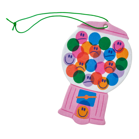 Gumball machine shaped air freshener with colorful emotional faces design