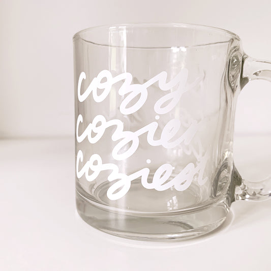 Cozy Cozier Coziest Glass Mug