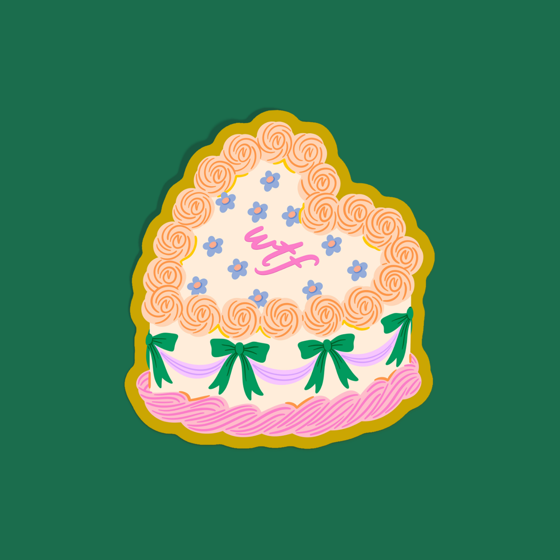 Single WTF cake sticker on green background