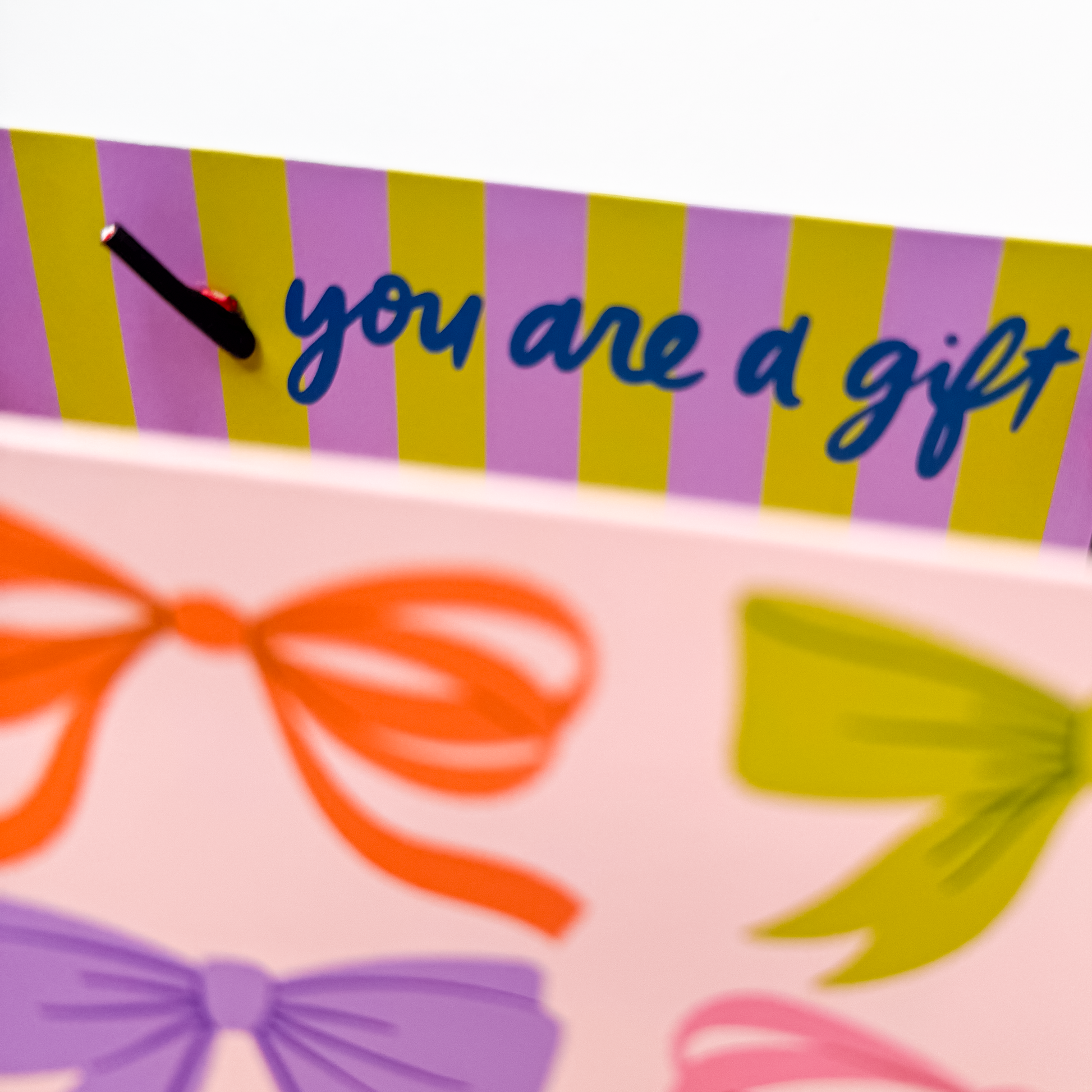 Detail shot of bows on bows gift bag highlighting bow artwork