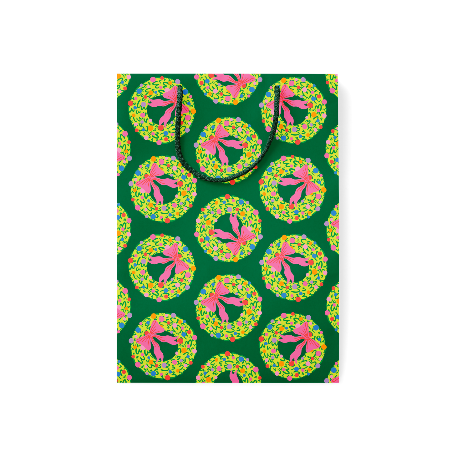 dark green gift bag with colorful rainbow wreath design and coordinating rope handles