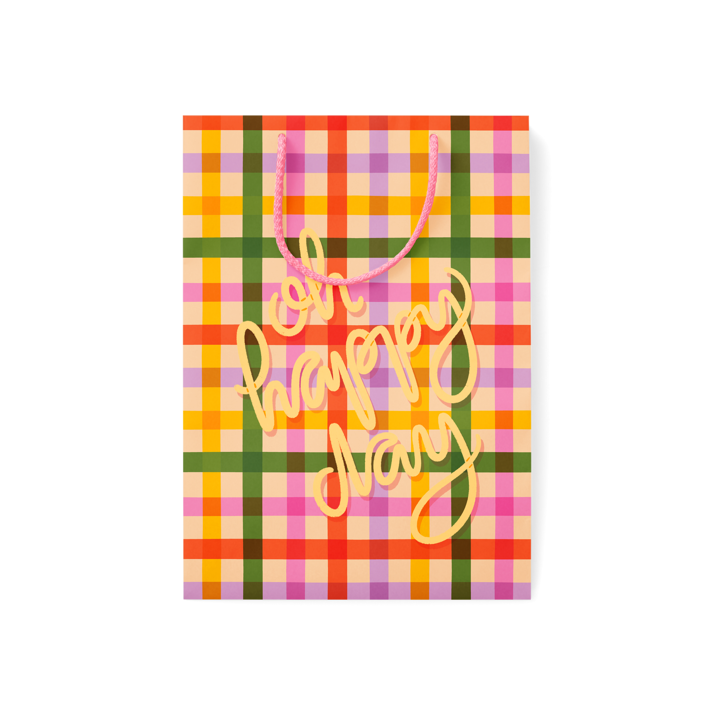 plaid gift bag with pasta noodle illustrations and 'Oh Happy Day' text with rope handles