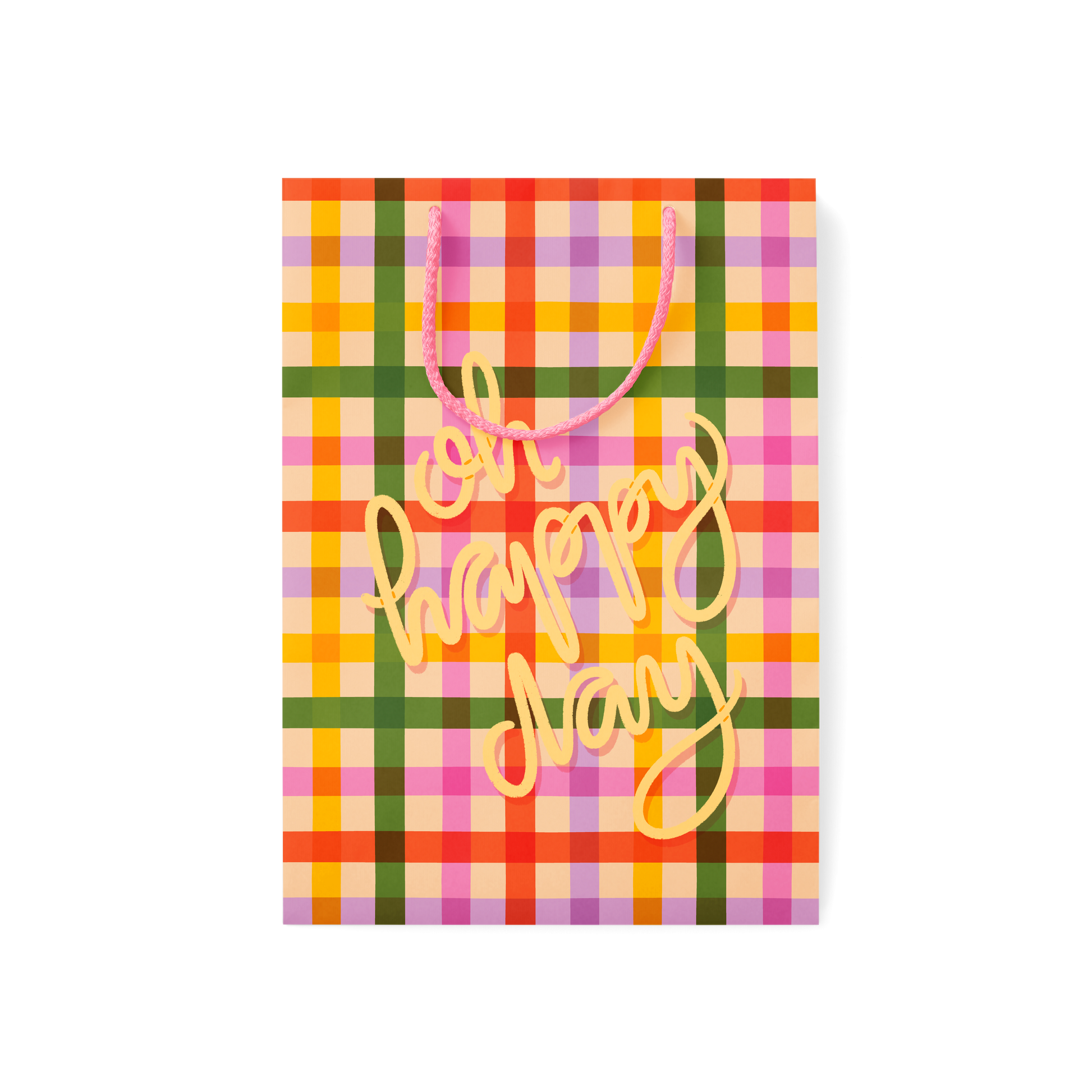 plaid gift bag with pasta noodle illustrations and 'Oh Happy Day' text with rope handles
