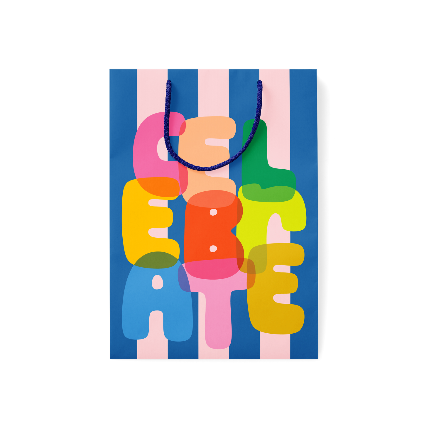 Colorful gift bag with rainbow 'CELEBRATE' lettering and coordinating rope handles