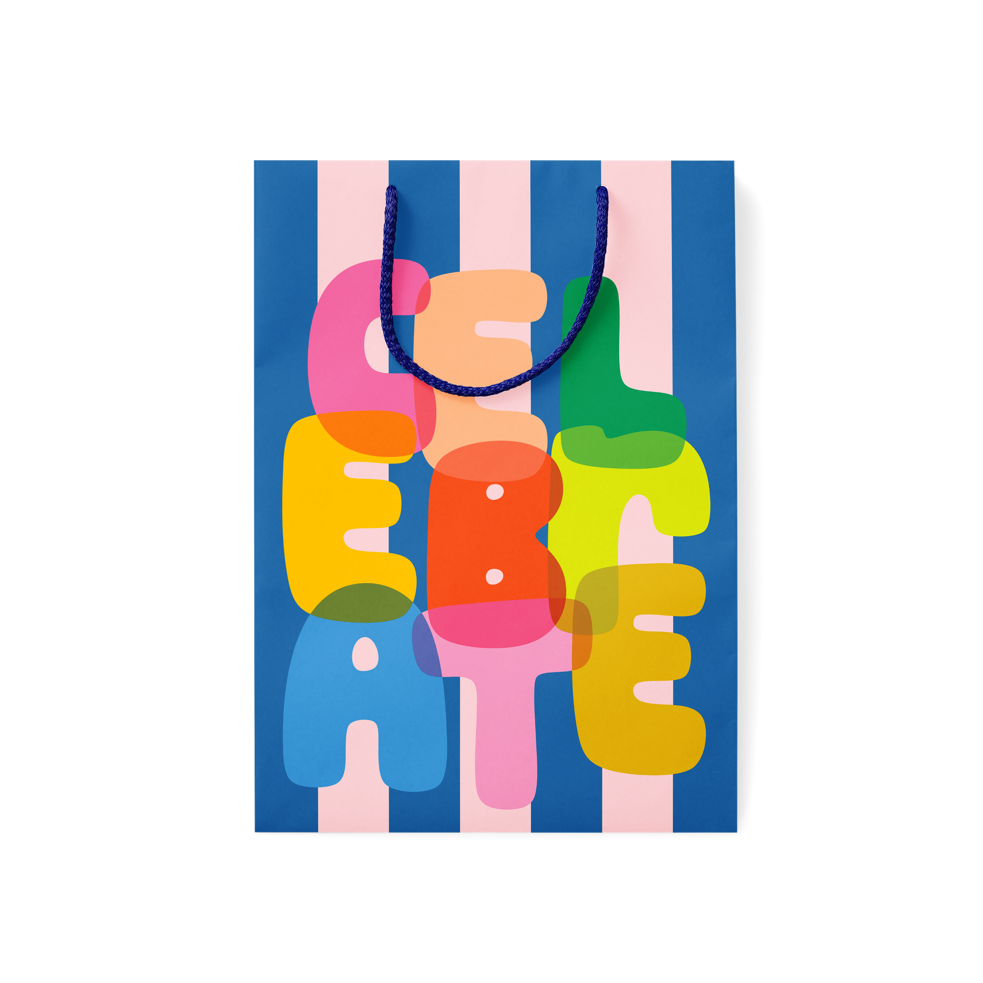 Colorful gift bag with rainbow 'CELEBRATE' lettering and coordinating rope handles
