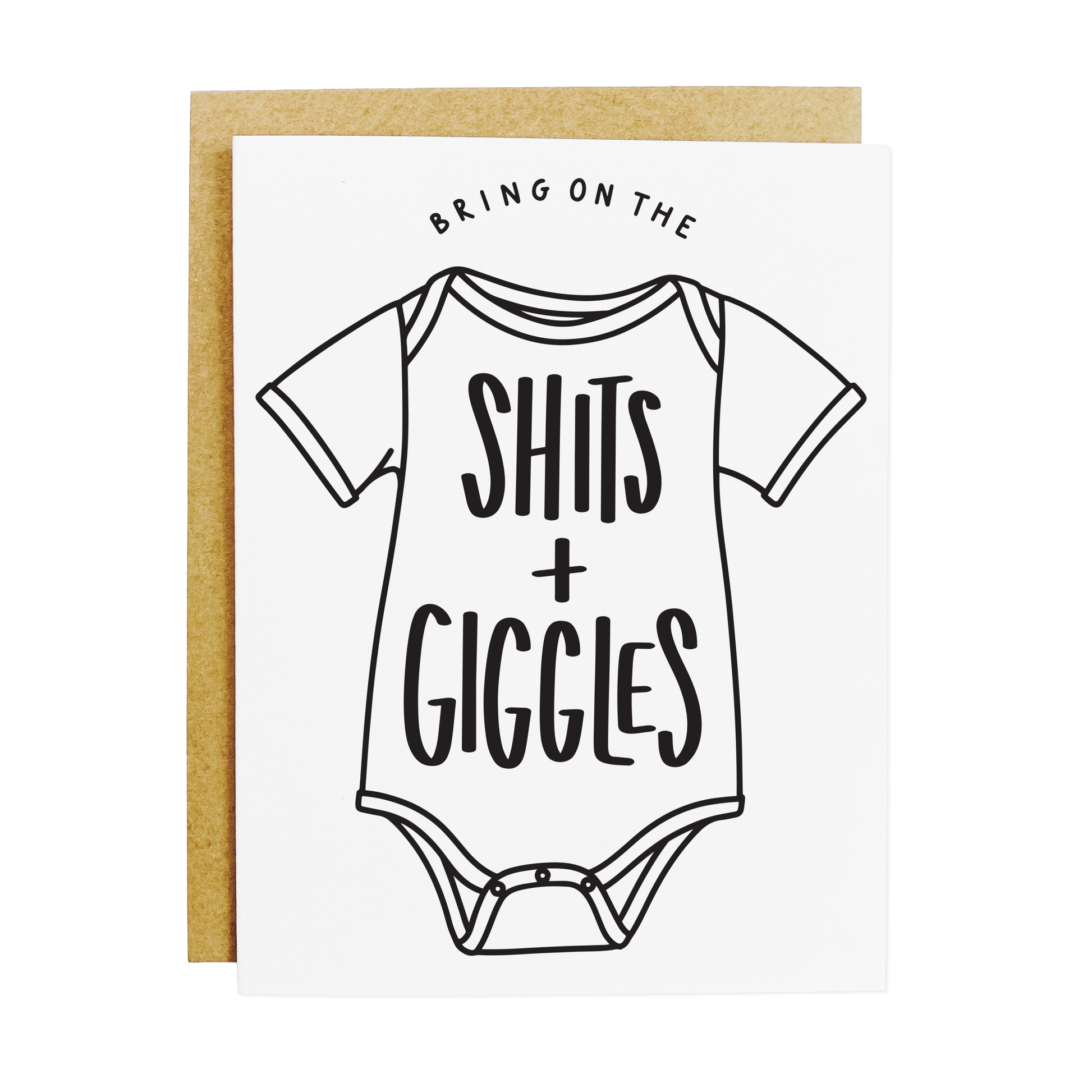 Humorous baby greeting card with playful 'Shits + Giggles' text design