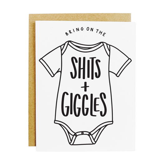 Humorous baby greeting card with playful 'Shits + Giggles' text design
