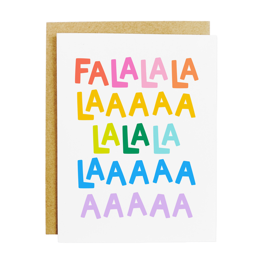 Christmas greeting card with 'Fa La La' text in festive holiday typography