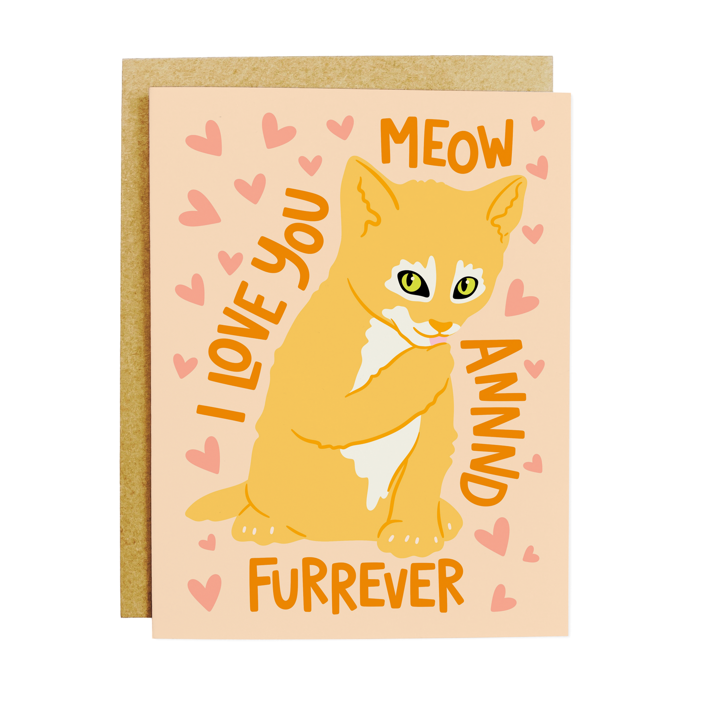 Greeting card with cute cat illustration and 'Meow + Furrever' text in playful typography