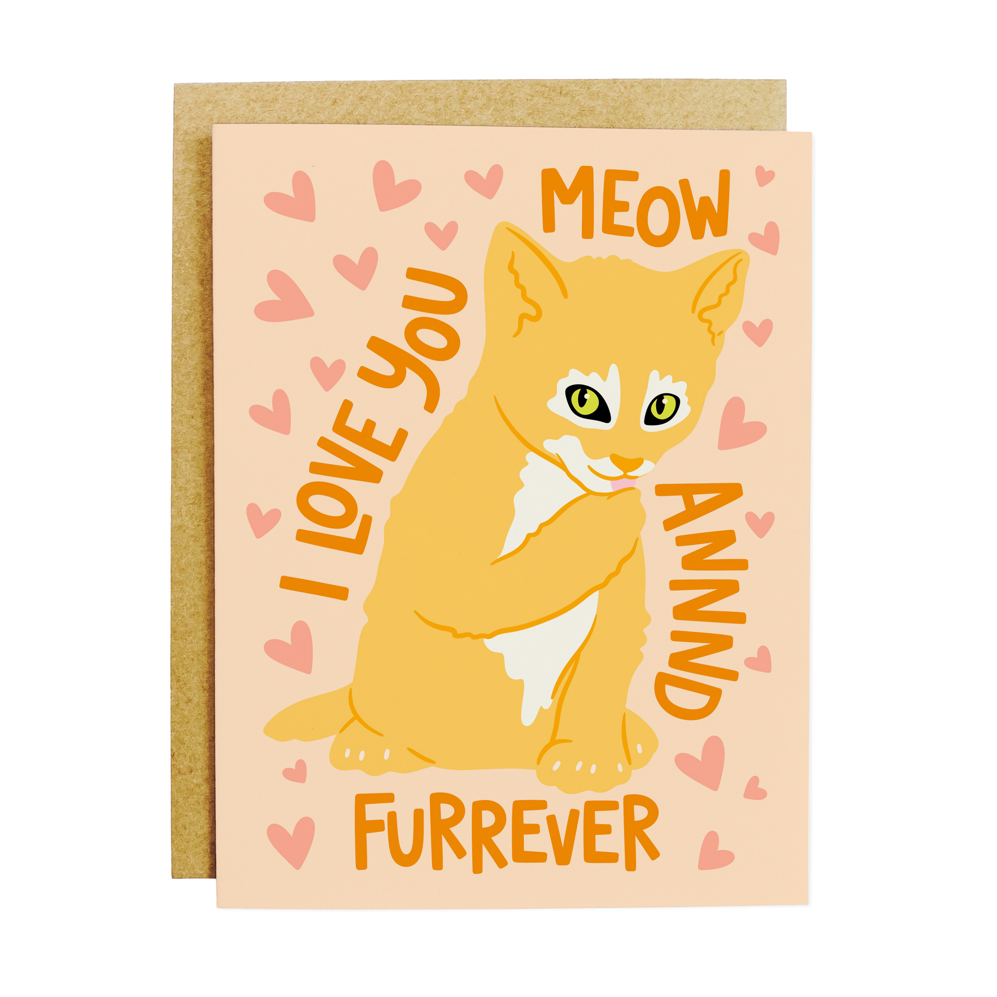 Greeting card with cute cat illustration and 'Meow + Furrever' text in playful typography
