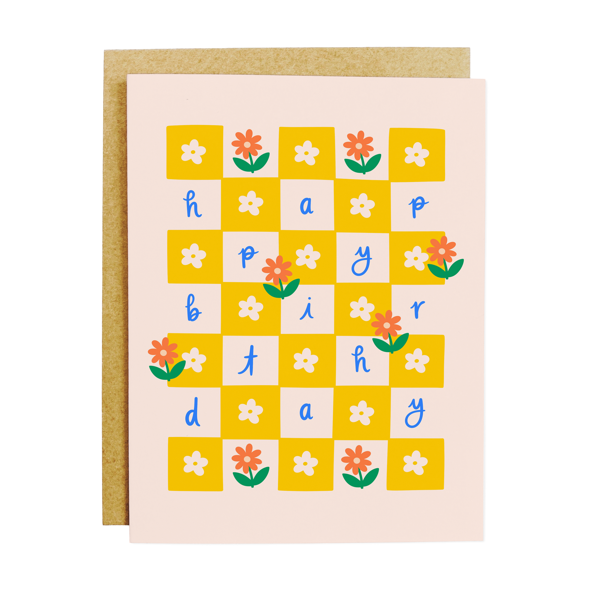 Birthday card with daisy checkered pattern and cheerful design