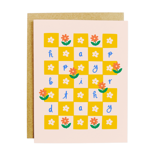 Birthday card with daisy checkered pattern and cheerful design