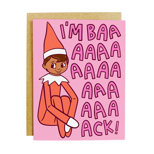 Holiday card with 'The Elf Is Back' Christmas elf theme