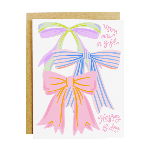 Birthday card with 'You Are A Gift' compliment and bow design