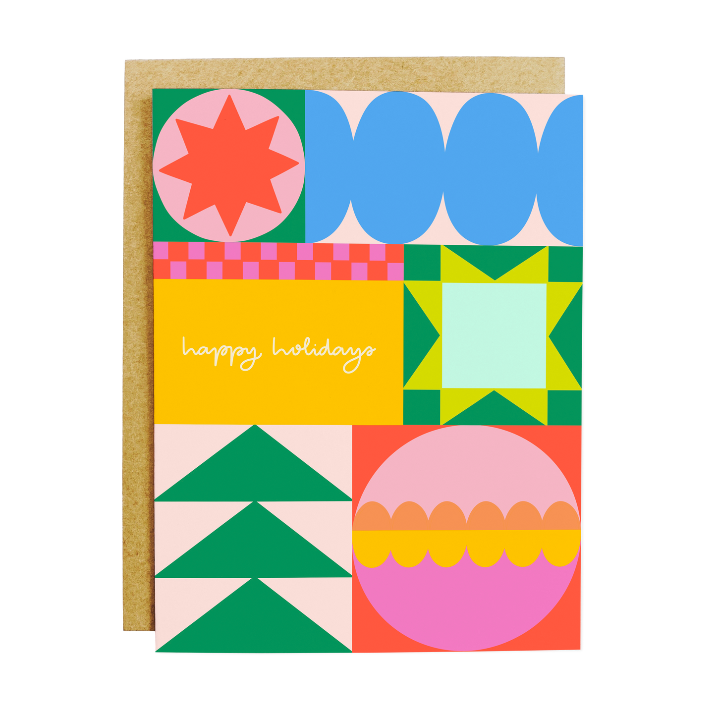 Holiday card with quilt pattern and 'Happy Holidays' message