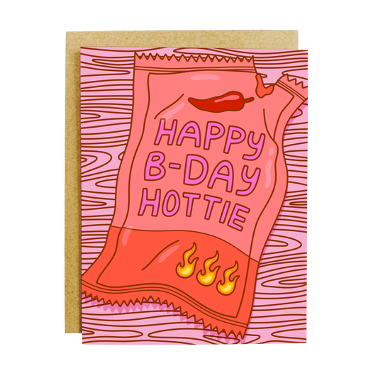 Birthday card with 'HBD Hottie' hot sauce packet theme