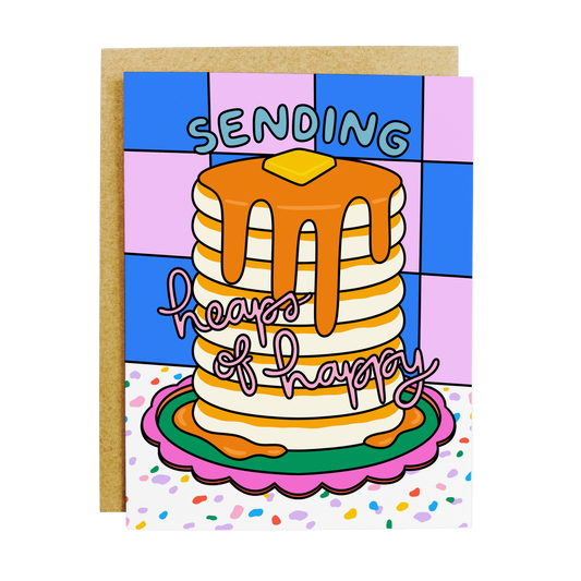 Pancake birthday card with 'Heaps of Happy' abundant celebration message