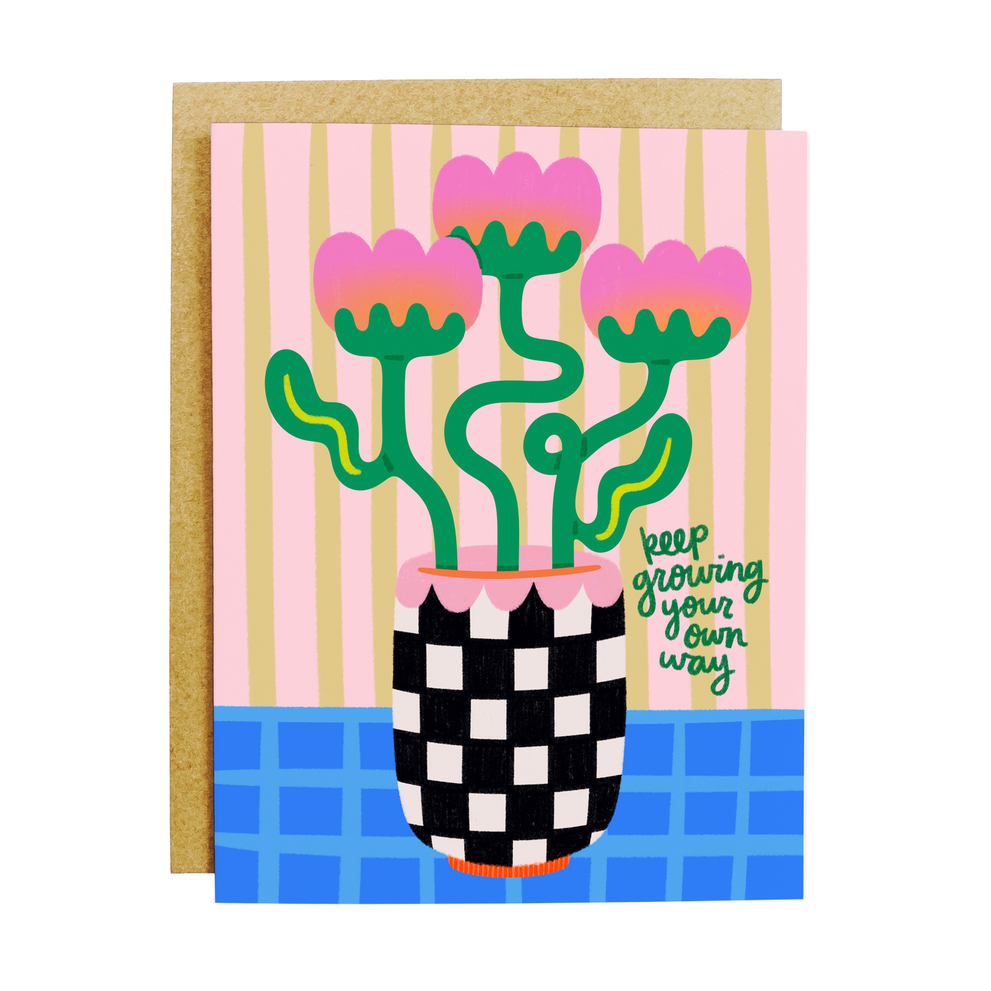 Motivational card with 'Keep Growing Your Own Way' plant message