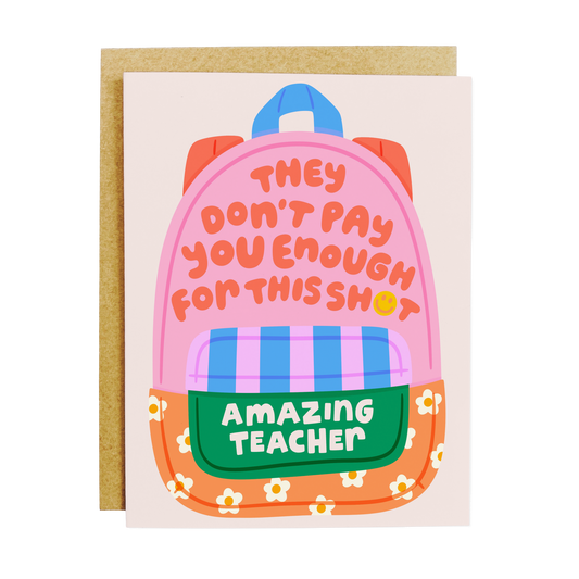Teacher appreciation card with 'Amazing Teacher' backpack design