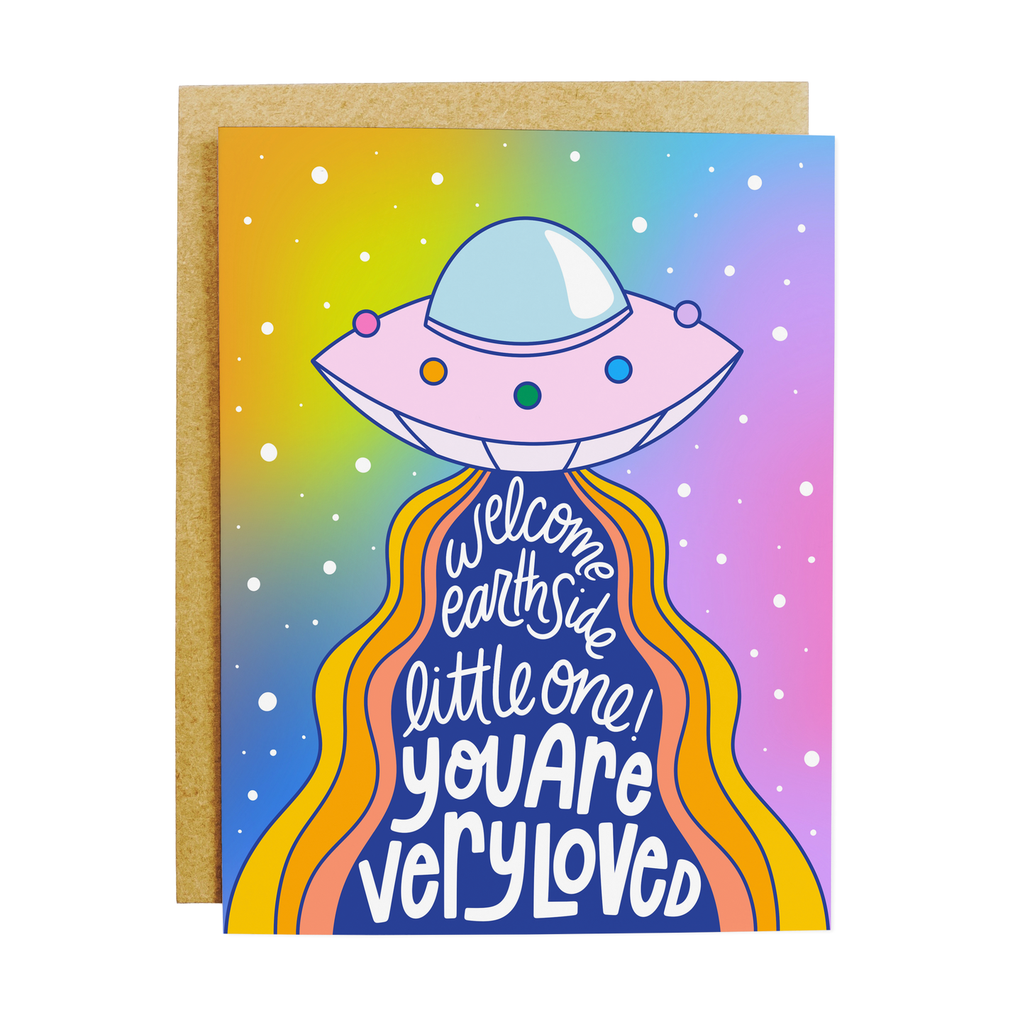 Baby shower greeting card with 'Welcome Earthside Baby' text in gentle, welcoming typography