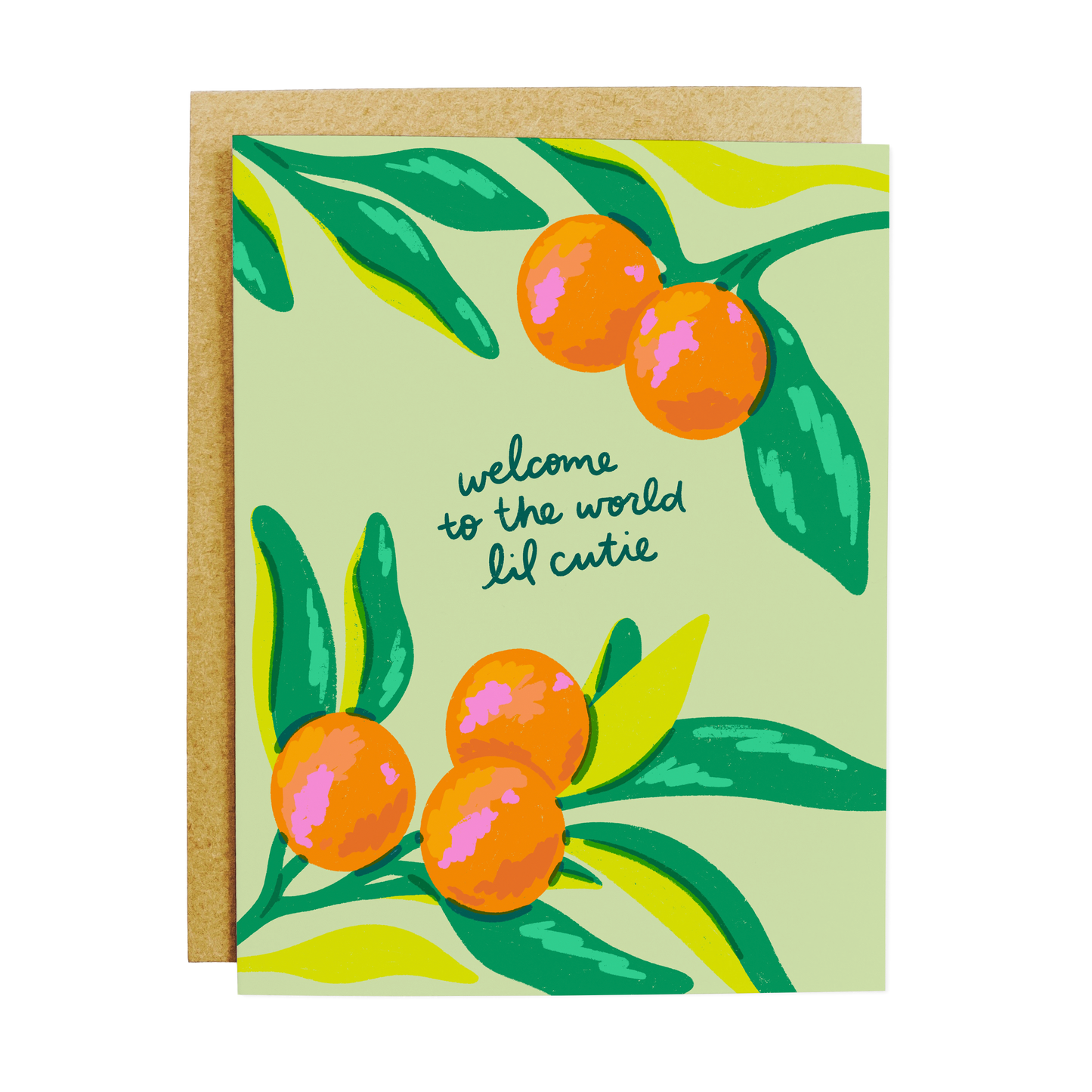Baby shower greeting card with cute orange illustrations and 'Welcome Lil Cutie' text in playful lettering