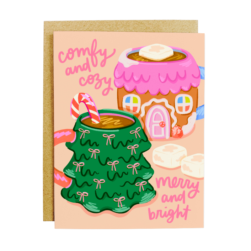Cocoa Comfy Cozy Merry Bright Card - Christmas Cocoa Mugs Holiday Card