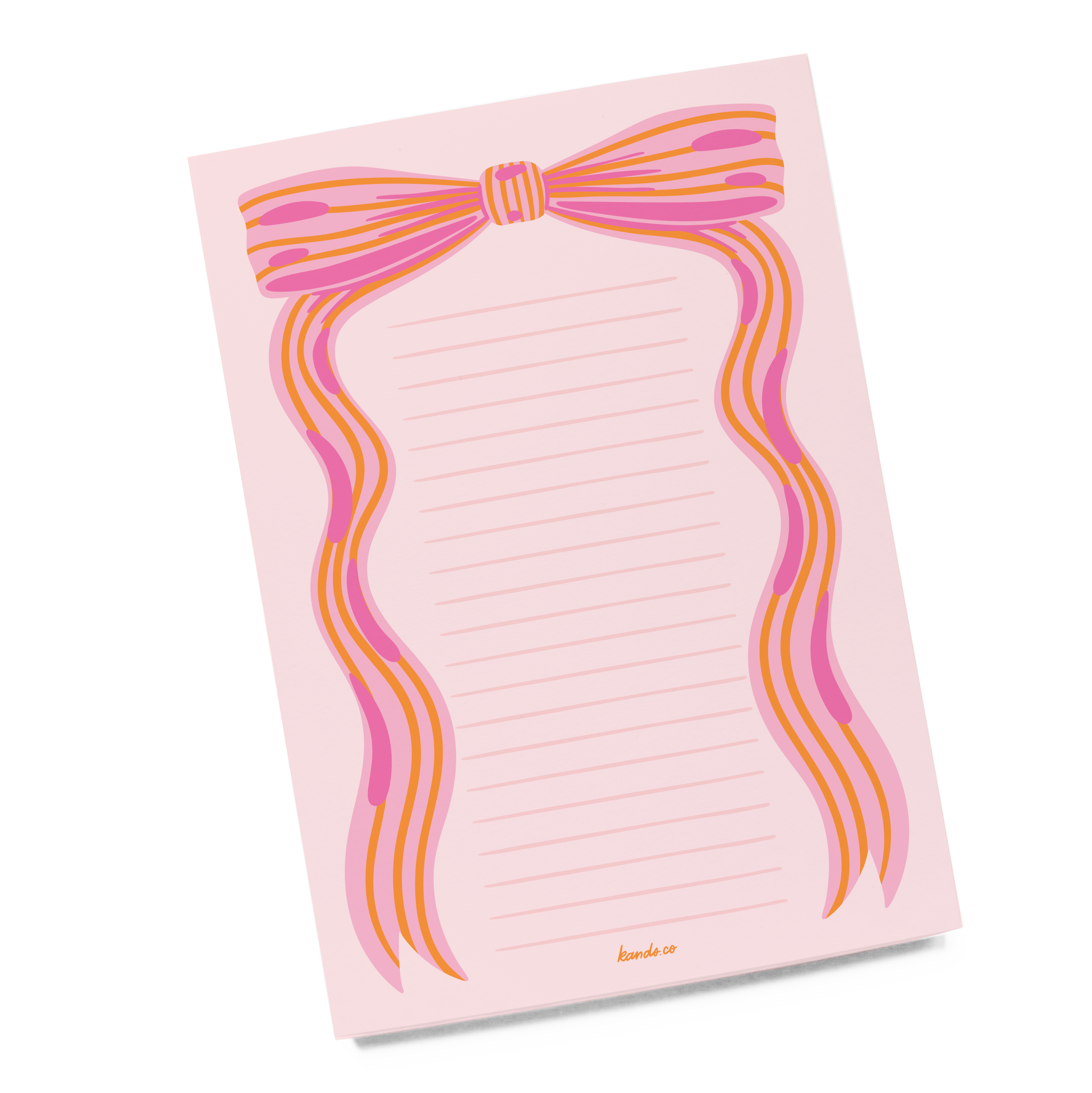Notepad with a pink and orange bow design on a white background