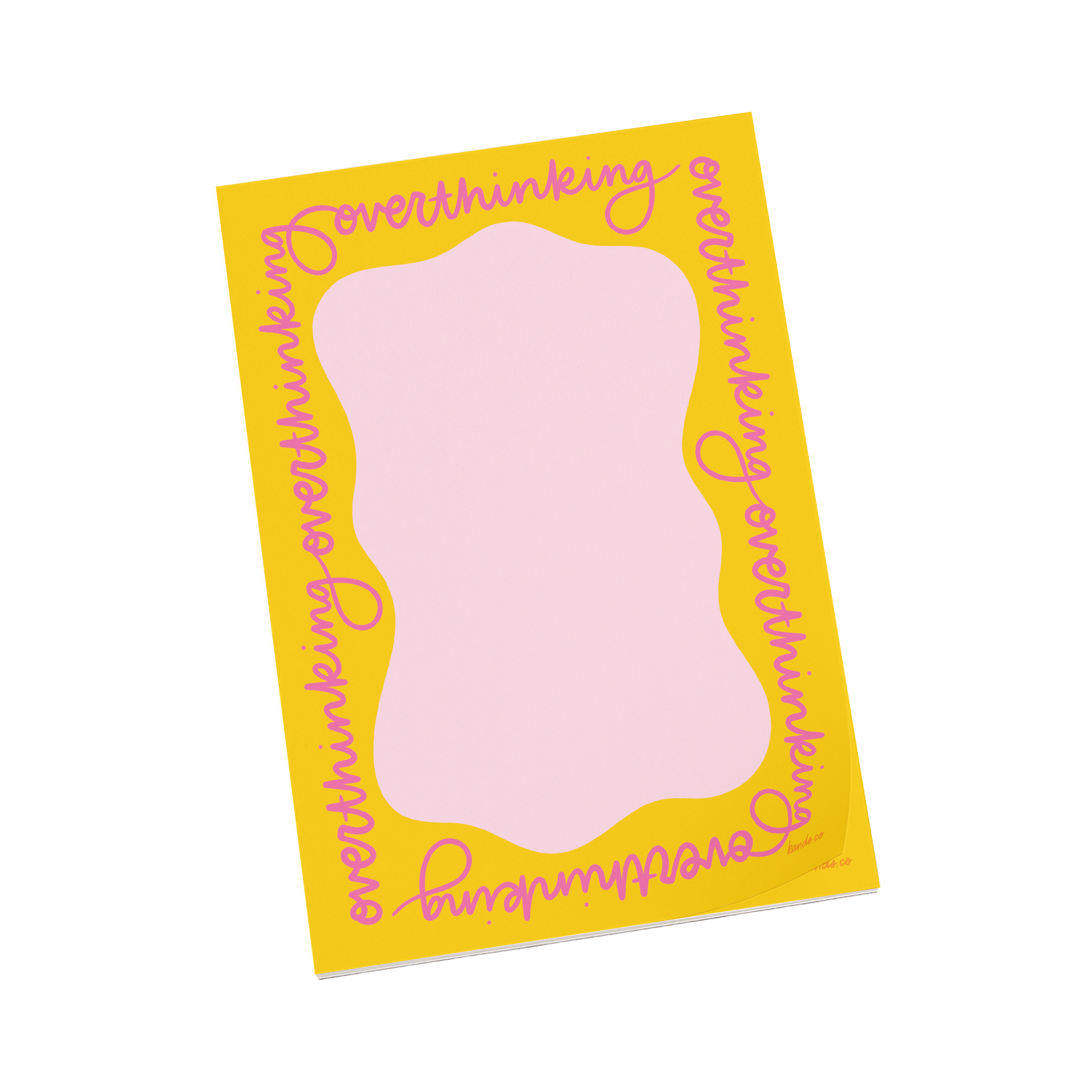 Notebook with pink interior and yellow border with overthinking written around the edges