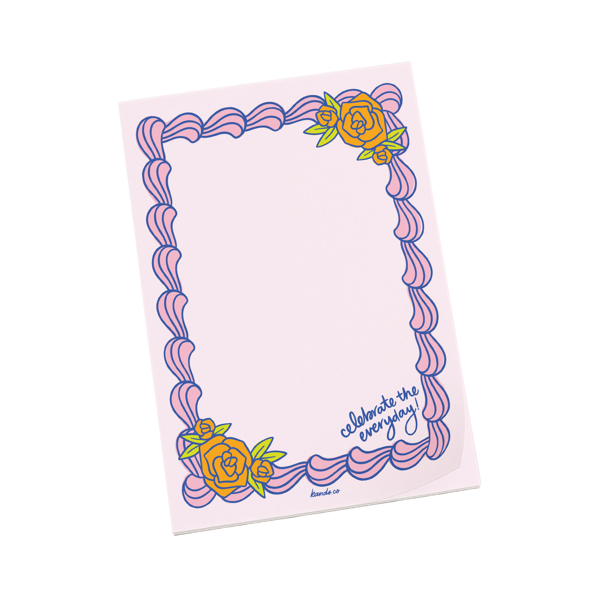 Notepad with decorative cake border and floral elements on a white background
