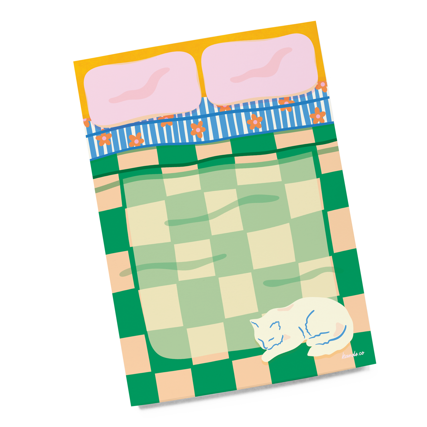 Notepad with green and beige checkered design and cat illustration on a white background