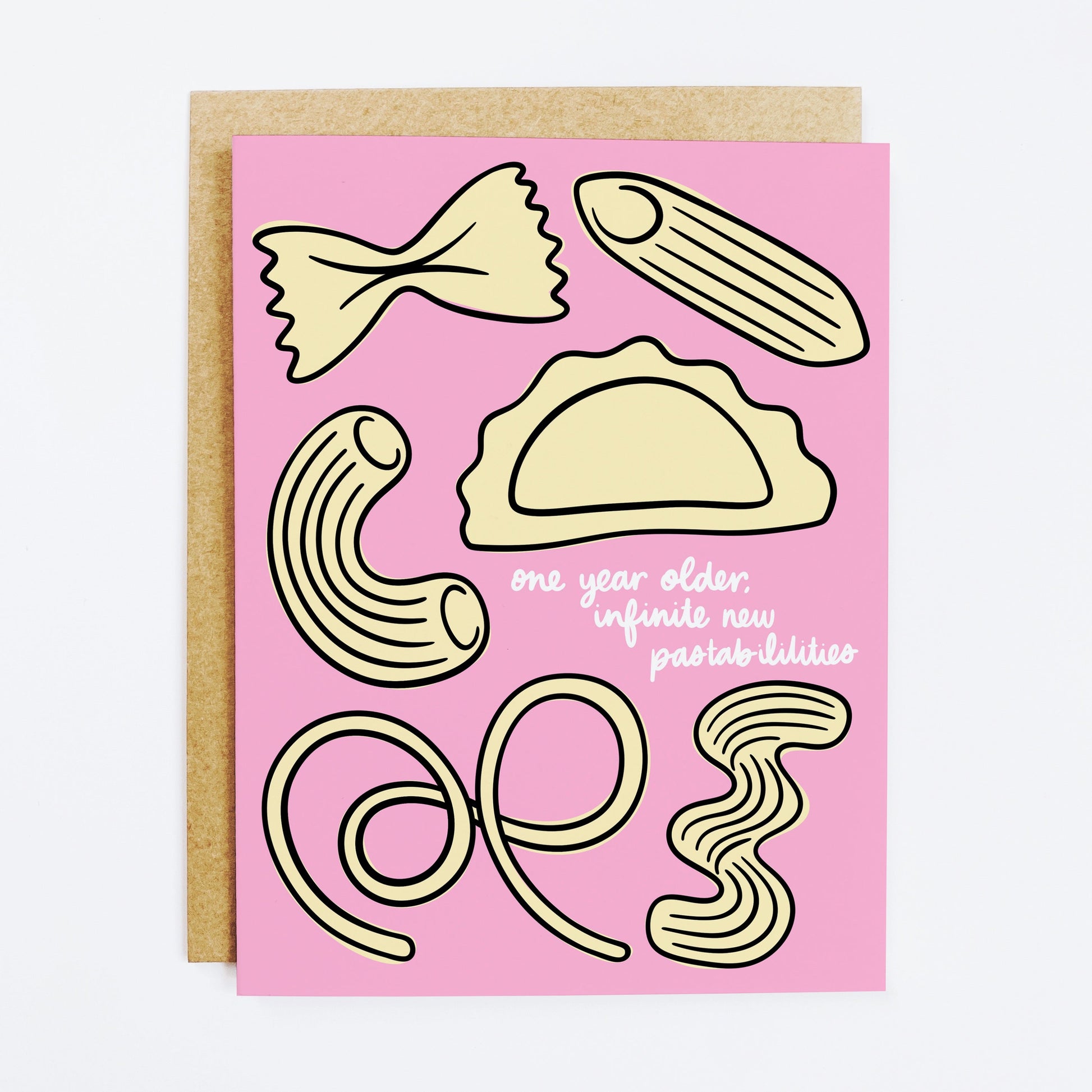 Birthday card with pasta pun 'New Pastabilities' and noodle theme